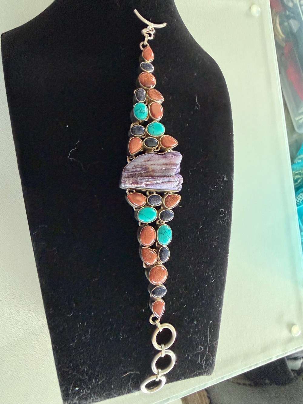 Vintage Handcrafted Multistone Boho Bracelet in Turquoise, Purple & Copper Tones